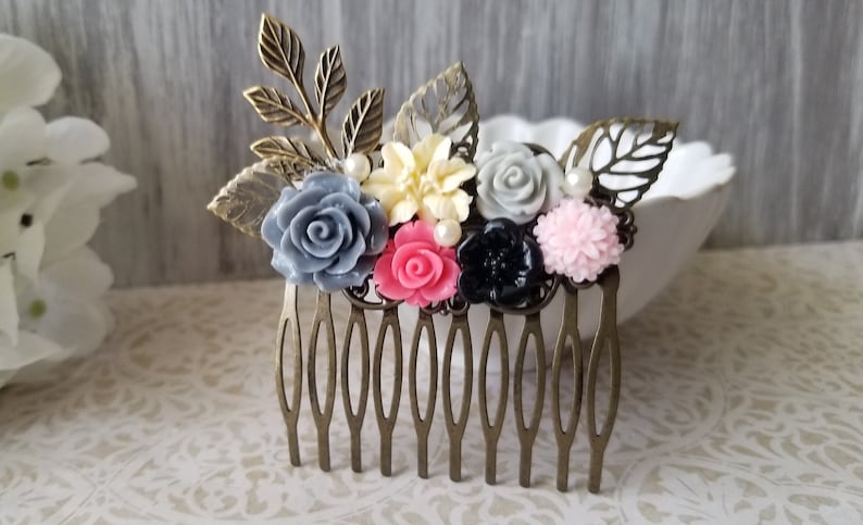 Vintage Style Bronze Floral Hair comb Weekly update and Gray Pi Rose Flowers Large special price !!
