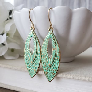 Marquis Dangle Earrings in Brass with an Aqua Patina