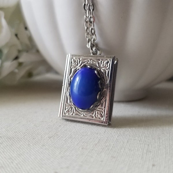 Book Locket Necklace in Silver with Vintage Blue Cobalt Cabochon