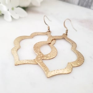 Gold Moroccan Earrings Hammered Finish in Brass Marquise Dangle Geometric large statement earrings