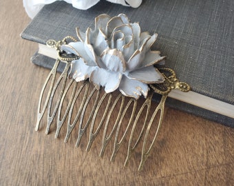 Vintage Style Gray Rose Floral Hair Comb in Bronze