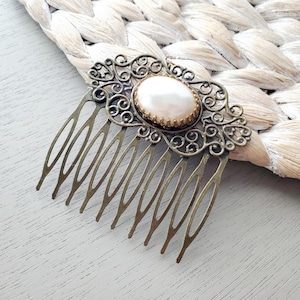 Vintage Style Pearl Filigree Hair Comb in Bronze