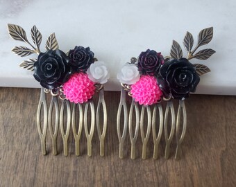 Pink and Black Flower Hair Comb- Peony Rose Leaf Branch  display picture 1