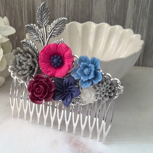 Pink Poppy and Denim Blue Bridal Hair Comb in Silver for Garden Wedding