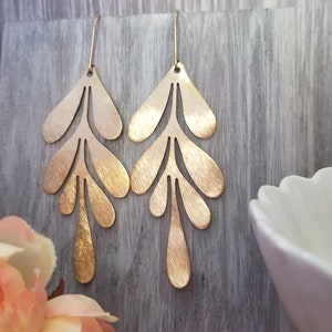 Modern Gold Leaf Dangle Statement Earrings in Brushed Brass