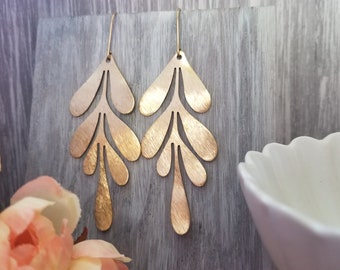 Modern Gold Leaf Dangle Statement Earrings in Brushed Brass