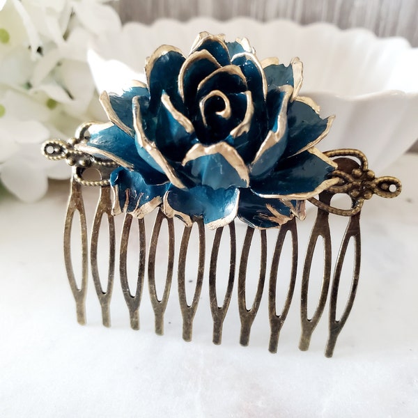 Vintage Style Dark Teal Rose Floral Hair Comb in Bronze