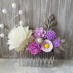 Vintage Style Purple Rose Bridal Hair Comb in Silver for Garden Wedding