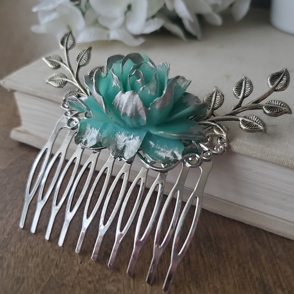 Vintage Style Silver Hair comb,  Aqua and Silver Garden Wedding