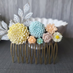 Flower hair comb, Yellow, Peach, and Aqua Rose Floral Garden Wedding Keepsake
