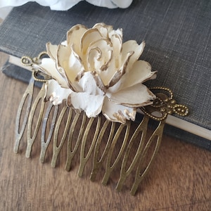 Vintage Style Ivory Rose Floral Hair Comb in Bronze