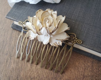 Vintage Style Ivory Rose Floral Hair Comb in Bronze