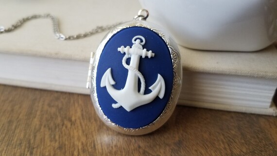 Navy Blue Nautical Anchor Cameo Locket in Silver | Etsy
