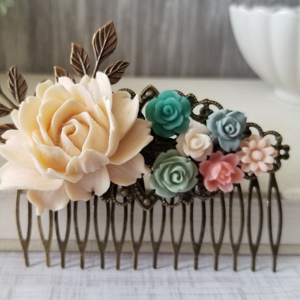 Vintage Style Bronze Hair comb, Rose Flowers, Ivory, Teal, and Blush Garden Rustic Wedding