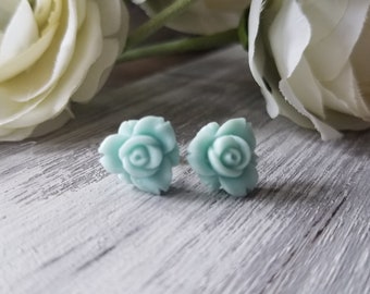 Rose Stud Earrings in Light Blue