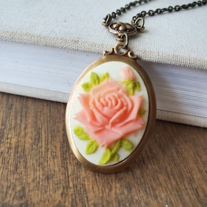 Pink Rose Cameo Necklace in Bronze