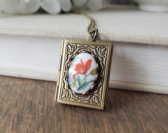 Buch Medaillon Halskette in Bronze mit Blumen Cabochon