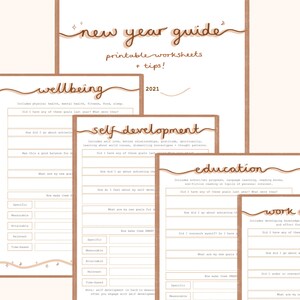 Op de afbeelding: Printbare werkbladen voor een nieuwjaarsgids met secties voor welzijn, zelfontwikkeling, onderwijs en werk. Elke sectie bevat vragen om je te helpen nadenken over je doelen voor het jaar.