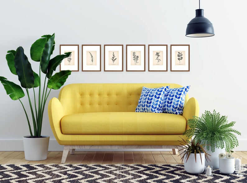 K&ouml;nnte beinhalten: Ein gelbes Sofa mit zwei blauen und wei&szlig;en Kissen steht in einem Wohnzimmer mit einem schwarz-wei&szlig;en Teppich, einer Topfpflanze und einer H&auml;ngelampe. Sechs gerahmte botanische Drucke h&auml;ngen an der Wand &uuml;ber dem Sofa.