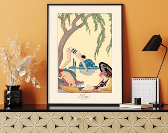 George Barbier ART DECO Illustration ''Water'' French Magazine Print Vintage Poster Summer Swimming Lake Bathing Costume Boat Tree Yellow