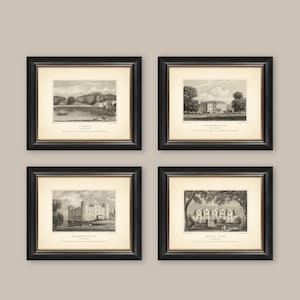 May include: Four framed vintage prints featuring black and white landscape illustrations. Each print is in a black frame with a gold inner border. The prints depict scenes of historic buildings and landscapes.