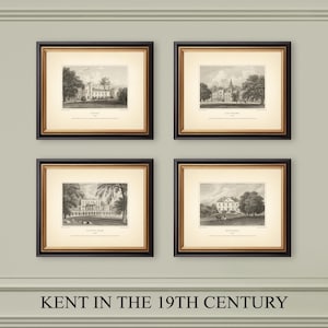 May include: A set of four framed black and white landscape prints depicting 19th-century estates in Kent, each housed in a dark wood frame with a gold inner trim and cream matting. The prints are titled Knole, Lee Priory, Linton Park, and Montreal.