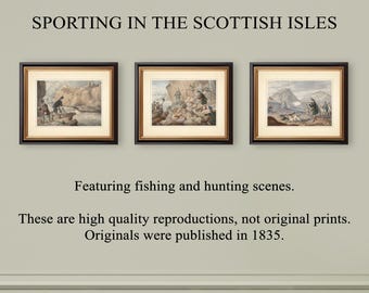 3 SCOTLAND THEMED PRINTS | Fishing Hunting Theme | Antique Etchings Engravings 18th Century Reproductions | Classic Home Decor Wall Art Set
