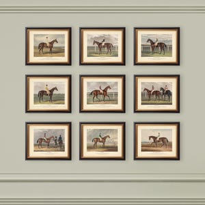 May include: Nine framed prints depicting horse racing scenes. Each print shows a horse and rider competing in a race, with a backdrop of a racetrack and spectators. The prints are all in black frames with gold trim.