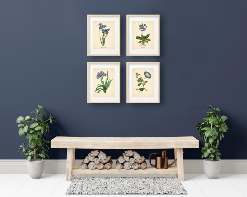 Blue Flowers Vintage Botanical Prints Blue Set of 4 Botanical Poster ...