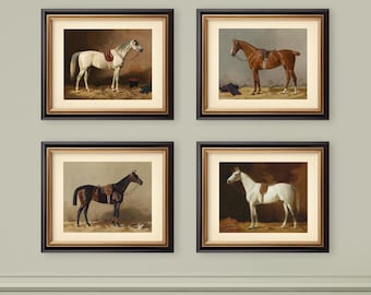 Set of 4 Equestrian Prints Horse Prints Reproductions Racing Horse Neutral Decor Classic Decor Vintage Wall Art Cottagecore Ranch Farm Decor