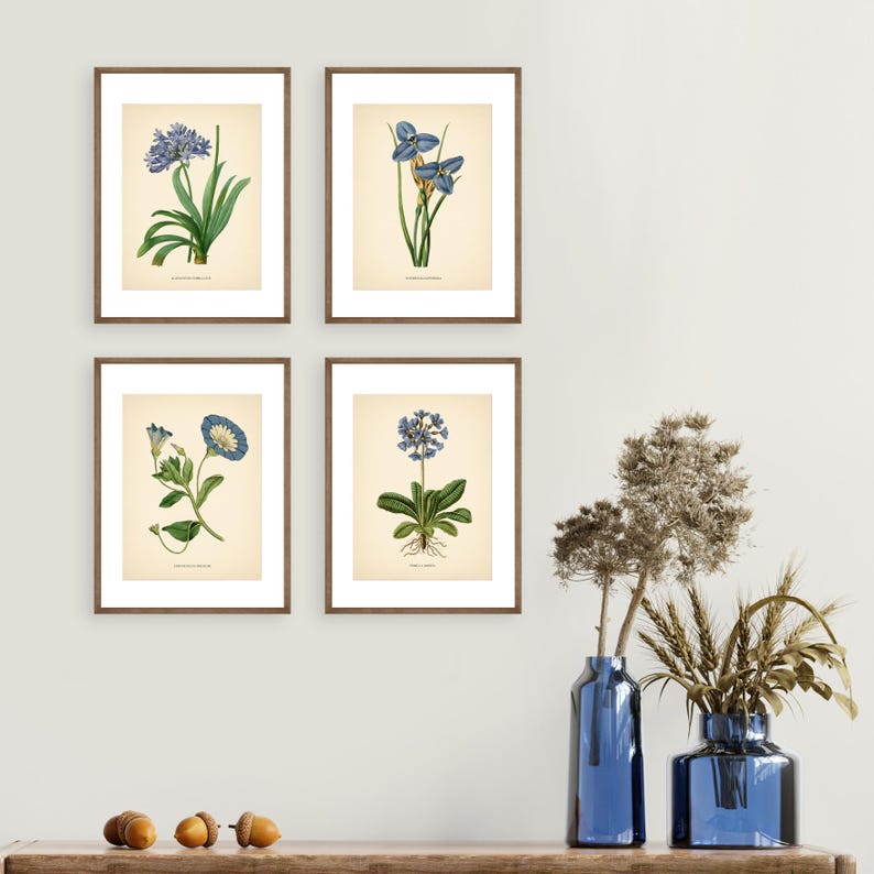 Blue Flowers Vintage Botanical Prints Blue Set of 4 Botanical Poster ...