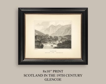 SCOTLAND PRINT Glencoe, Scottish Highlands | Reproduction of Antique Etching Engraving | Classic Home Decor Landscape Architecture Wall Art