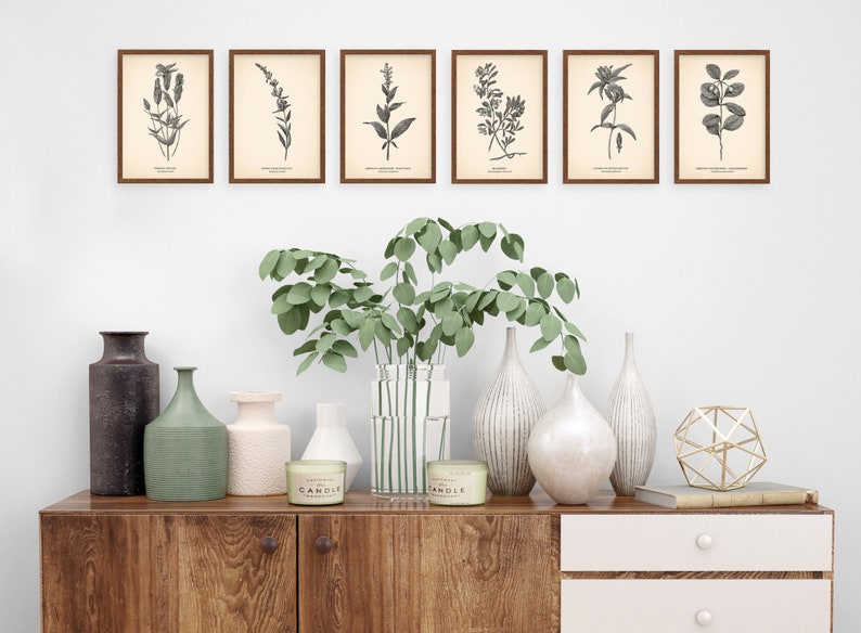 K&ouml;nnte beinhalten: Ein Holzschr&auml;nkchen mit zwei Schubladen und zwei T&uuml;ren, dekoriert mit einer Vase mit gr&uuml;nen Eukalyptus-Zweigen, sechs gerahmten botanischen Drucken und verschiedenen dekorativen Vasen und Kerzen.