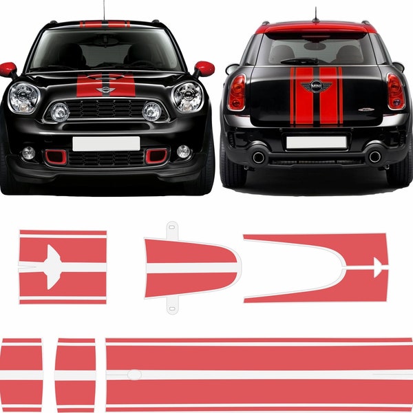 Mini R60 Countryman One Cooper / S / JC W / D Bonnet - Roof - Rear Stripes / Stickers exact factory size and spec Genuine Hexis Vinyl