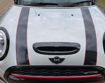 Mini F55 / F56 / F57 Cooper S / JCW exact fitment and size Bonnet stripes Hexis Automotive Air release / bubble free vinyl