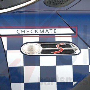 Mini R50 / R52 / R53 Cooper S Checkmate side wing Scuttle Decals / Sticker exact factory size and shape Genuine Hexis Vinyl