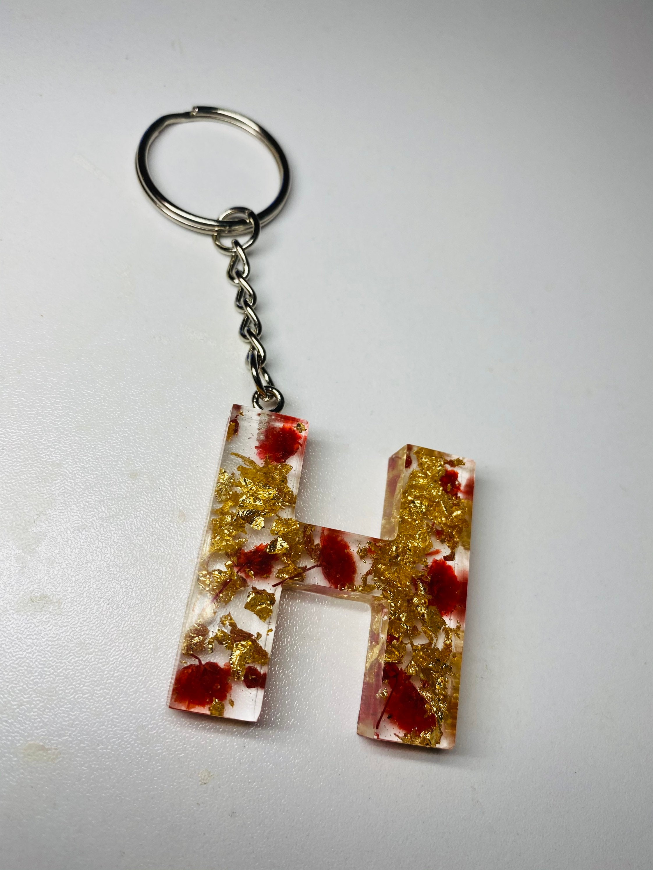 Handmade Resin initial Keyring, keychain, silver flake keyring, gold …