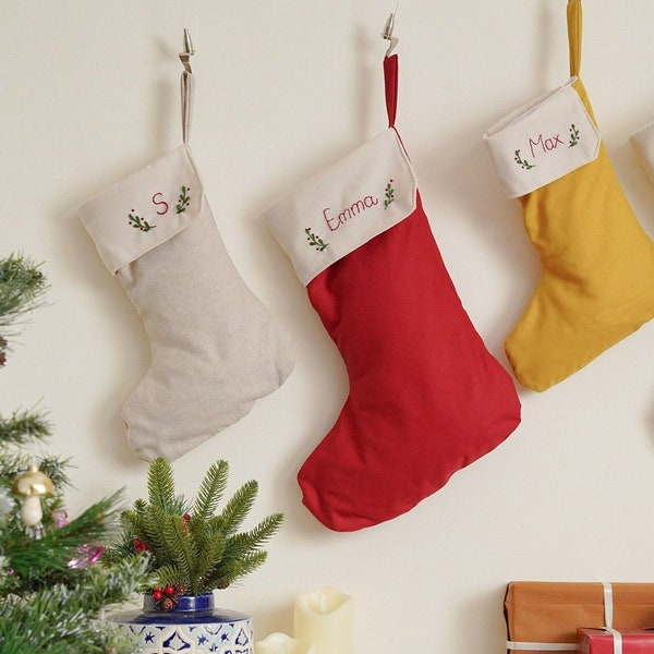 Hand Embroidered Personalized Linen Stockings, Custom Stocking, Christmas Stockings, Holiday Stockings, Modern FarmHouse  Stockings X03