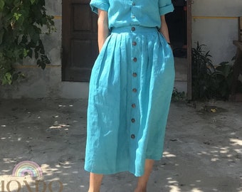 Aqua Blue Linen Skirt, High Waisted Skirt with Pockets, Pleated Skirt, A-Line Midi Summer Skirt for Women, Linen Clothes, Eco Gift For Women