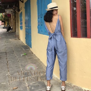 Backless Linen Jumpsuit, Boho Linen Romper, Long Jumpsuit Women, Linen Overall, Linen Playsuit, Linen Clothing, Fall Sleeveless Jumpsuit