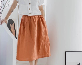 Terracotta Linen Skirt With POCKETS, Casual Elastic Waist Washed Linen Skirt, Midi Skirt, Summer Linen, Loose Skirt For Women, Gift For Her