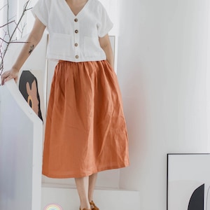 Terracotta Linen Skirt With POCKETS, Casual Elastic Waist Washed Linen Skirt, Midi Skirt, Summer Linen, Loose Skirt For Women, Gift For Her