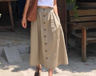 Natural Linen Button Front Skirt With Pocket, Pleated Hight Waist Skirt, Linen Clothing, Midi Linen Skirt, Summer Simple Linen Skirt For Her