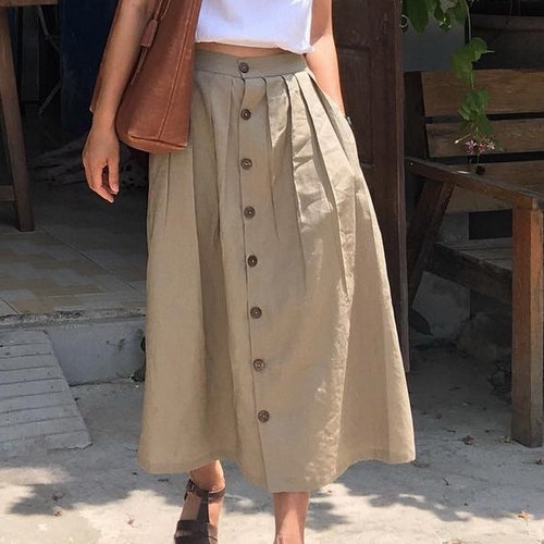 Natural Linen Button Front Skirt With Pocket Pleated Hight | Etsy