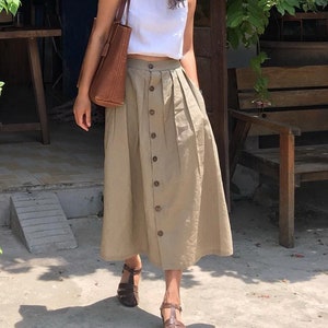 Natural Linen Button Front Skirt With Pocket, Pleated Hight Waist Skirt, Linen Clothing, Midi Linen Skirt, Summer Simple Linen Skirt For Her image 1