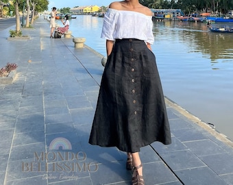 Linen Midi Skirt, Buttons Linen Skirt With Pockets, Vintage Skirt, Spring Summer Skirt For Women, Maxi Skirt, High Waist Skirt, Gift For Her