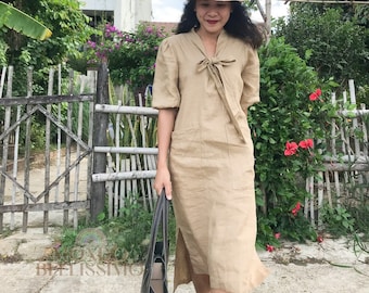 Casual Linen Dress, Linen Short Sleeve Dress, Midi Linen Dress, Fall Summer Long Dress With Pockets, Oversized Plus Size Loose Dress