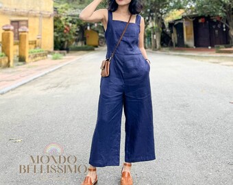 Cromoncent Women Crew Neck Button Down Baggy Cotton Linen Pleated Wide Leg Ankle Rompers Jumpsuit Cromoncent Women Crew Neck Button Down Baggy Cotton Linen Pleated Wide Leg Ankle Rompers Jumpsuit