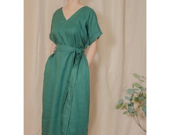 Custom Loose Linen Midi Dress With Pocket and Belt, Summer Casual Linen Dress For Women, Linen Clothing, Maternity Dress, Oversized Dress