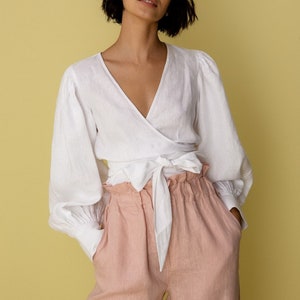 Tailor Linen Wrap Top, Linen Wrap Blouse. Linen Kimono Top. Linen Blouse, Linen Wrap Crop Top, Linen Clothing, White Long Sleeve Linen Top